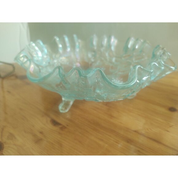 Vintage Imperial Glass Ice Blue 3 Footed Glass Bowl Maker Marked with Iron Cross - Picture 2 of 13